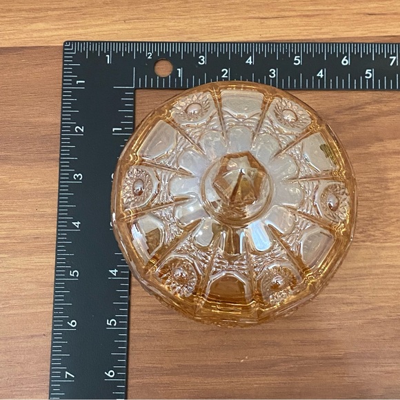 Iridescent Gold Crystal Carnival Glass Footed Flower Relief Lidded Candy Dish - Picture 5 of 12